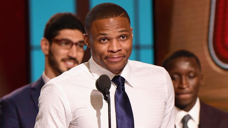 2016-17 NBA Most Valuable Player Russell Westbrook speaks on stage...