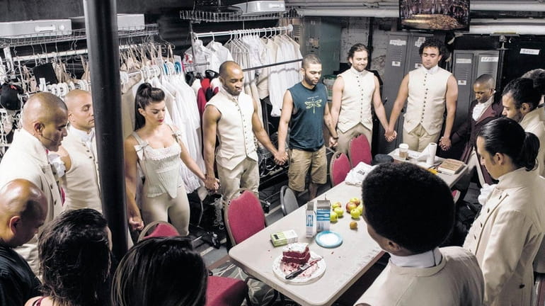 The cast of "Hamilton" gathers in the dressing room for...