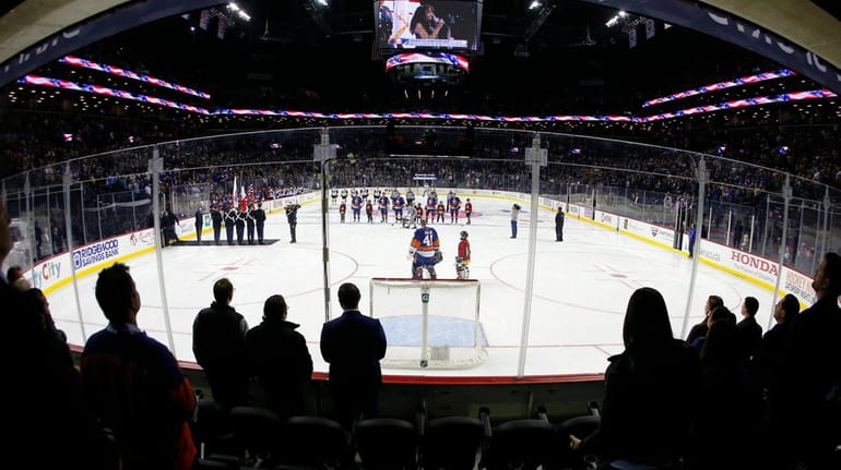 A general view during the national anthem before a game...