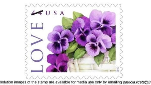 The 2010 USPS Love stamp, featuring a basket of pansies