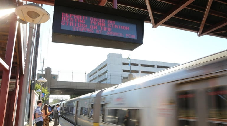 On-time signs are seen at the LIRR station Thursday, Aug....