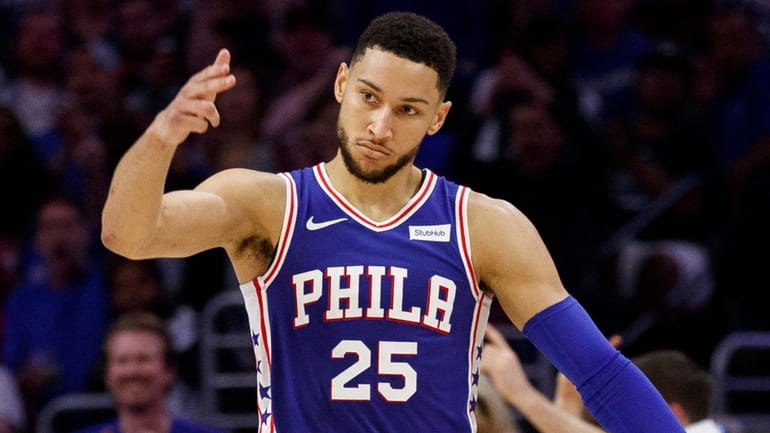 The 76ers' Ben Simmons reacts during the second half in...