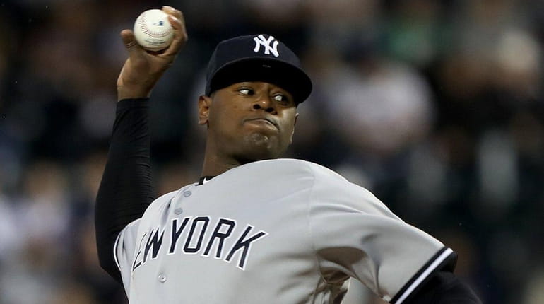 Luis Severino of the Yankees pitches in the first inning...