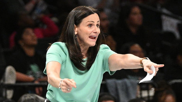 Liberty head coach Sandy Brondello gestures during a WNBA playoff...