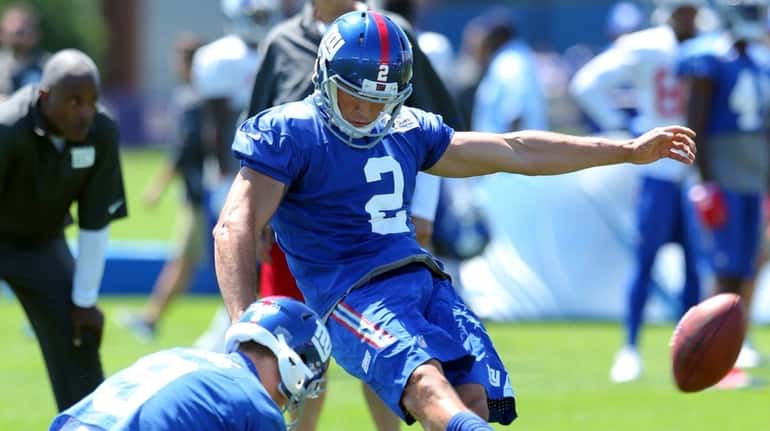 Giants rookie kicker Aldrick Rosas practices at training camp at...