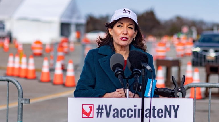 Incoming Gov. Kathy Hochul, shown at a Jones Beach vaccination...