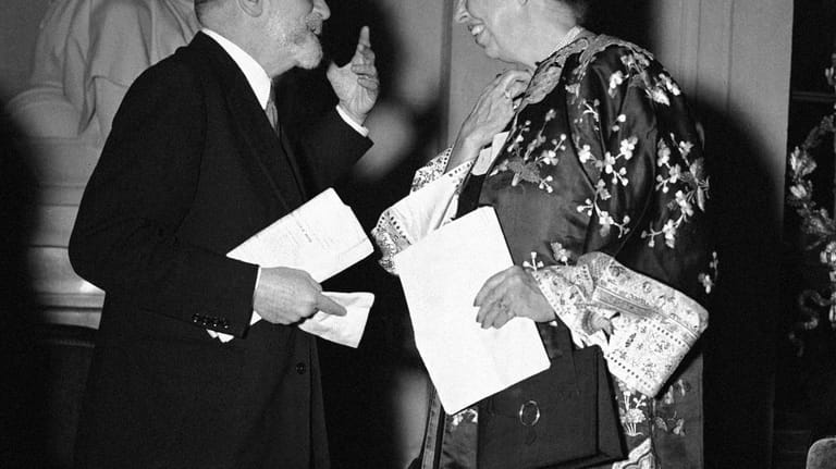 Eleanor Roosevelt talks with Rene Cassin, French member of the...