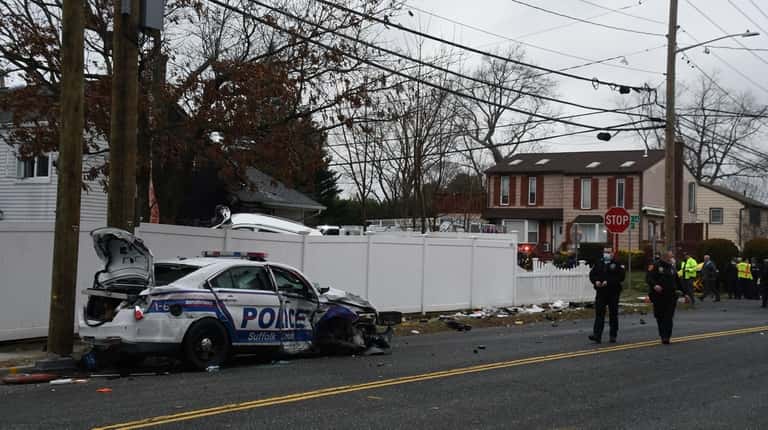 A Nissan Pathfinder hit a Suffolk County police car before the...