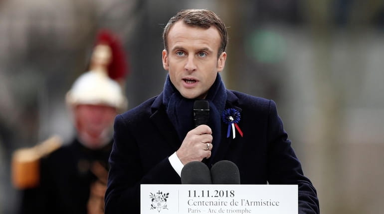French President Emmanuel Macron speaks against nationalism on Sunday at...