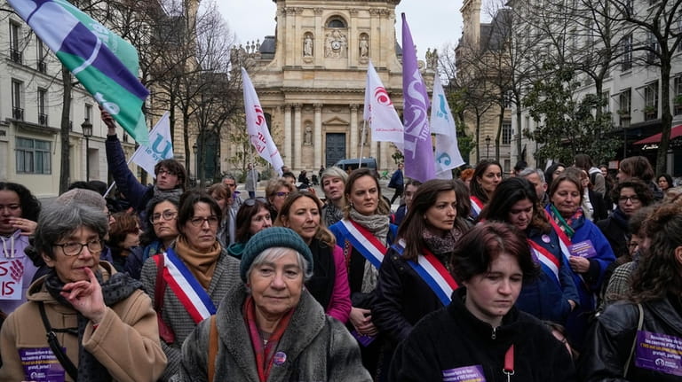 Pro-abortion rights activists attend a rally outside La Sorbonne university...