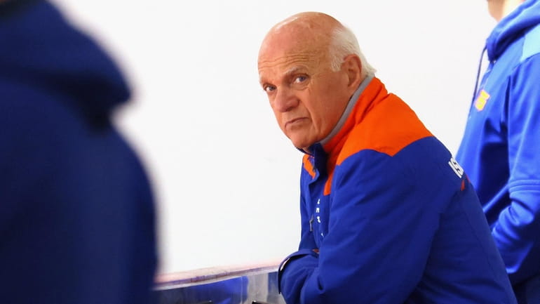 Islanders GM Lou Lamoriello watches practice at the Northwell Health...