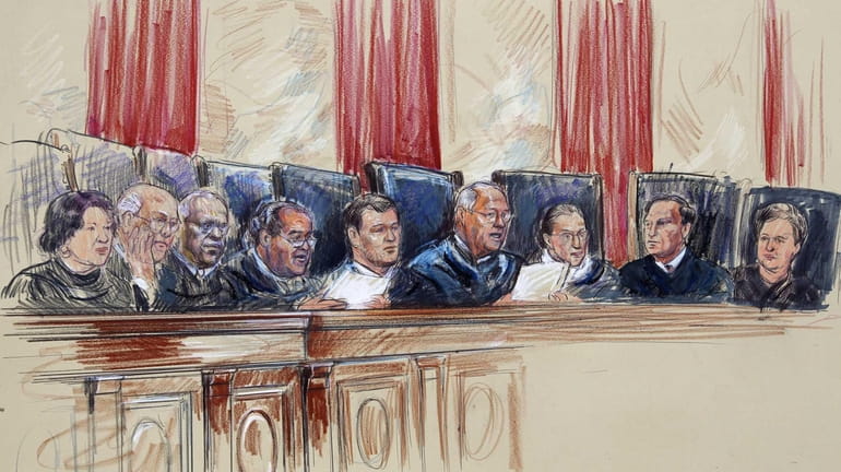 This artist rendering shows Supreme Court Justices from left, Sonia...