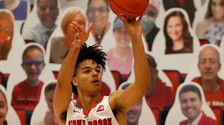 Frankie Policelli of the Stony Brook Seawolves puts up a shot...