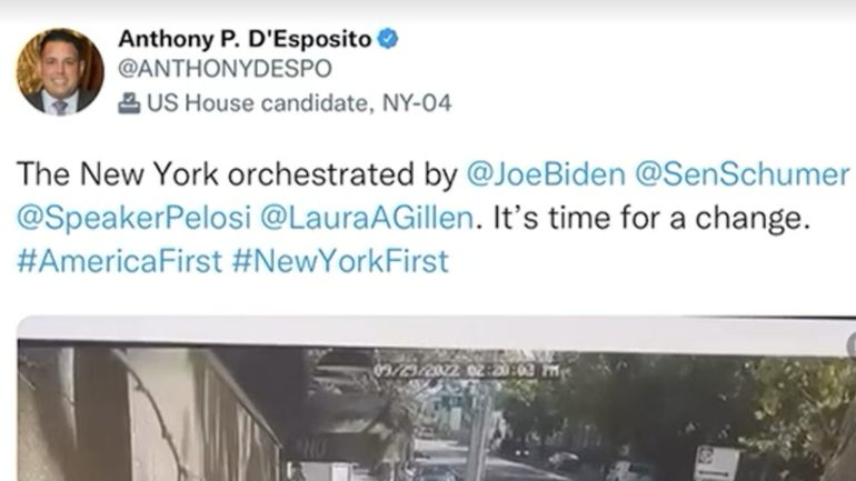 The original tweet Republican House candidate Anthony D’Esposito posted which contained the live...