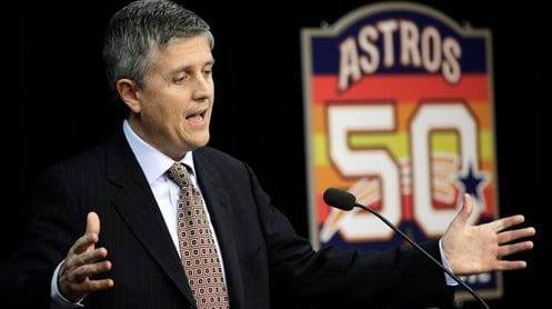 Houston Astros general manager Jeff Luhnow answers a question during...