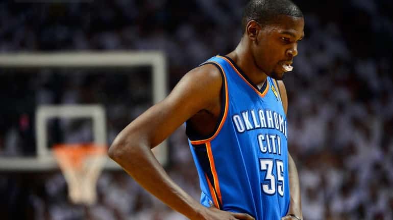 Kevin Durant of the Oklahoma City Thunder stands on the...