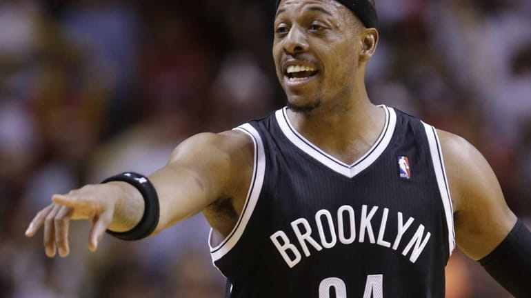 Nets forward Paul Pierce argues a call during the second...