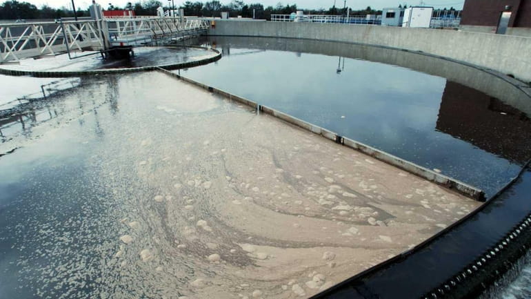 Waste water in the final clarifier tanks at the Bergen...