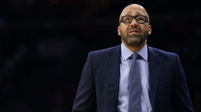 Then-Knicks head coach David Fizdale looks on during the first...