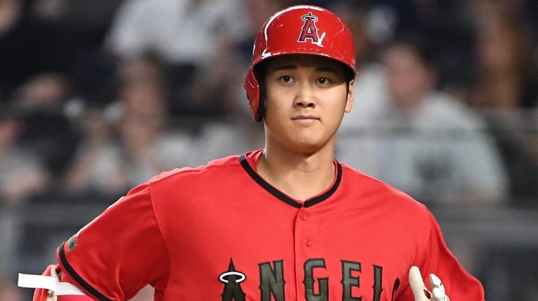 Los Angeles Angels designated hitter Shohei Ohtani at Yankee Stadium...