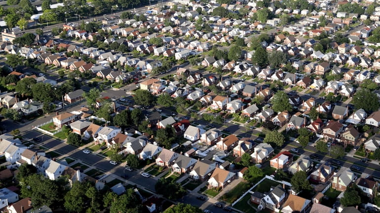 An aerial photo of a neighborhood of houses in Elmont.