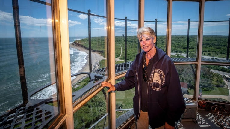 Docent Grace Miedzwiecki like the view from atop the Montauk...