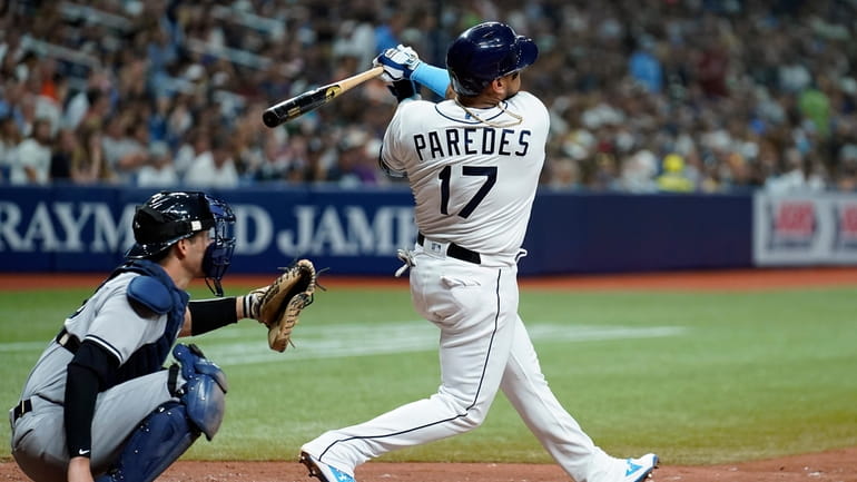 Tampa Bay Rays' Isaac Paredes (17) watches his two-run home...