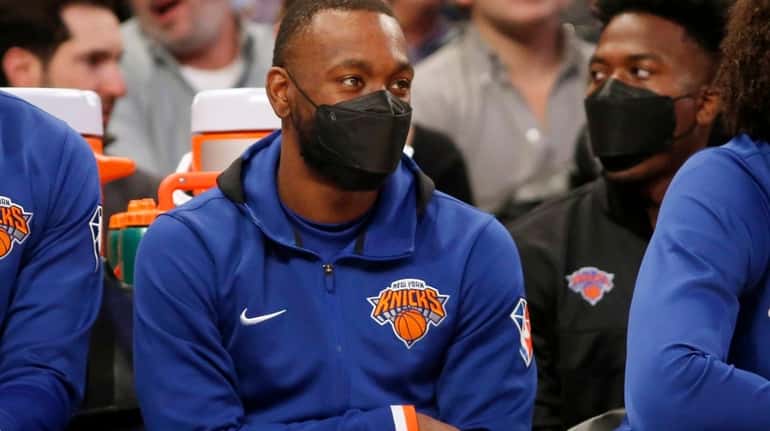 Kemba Walker #8 of the New York Knicks looks on...
