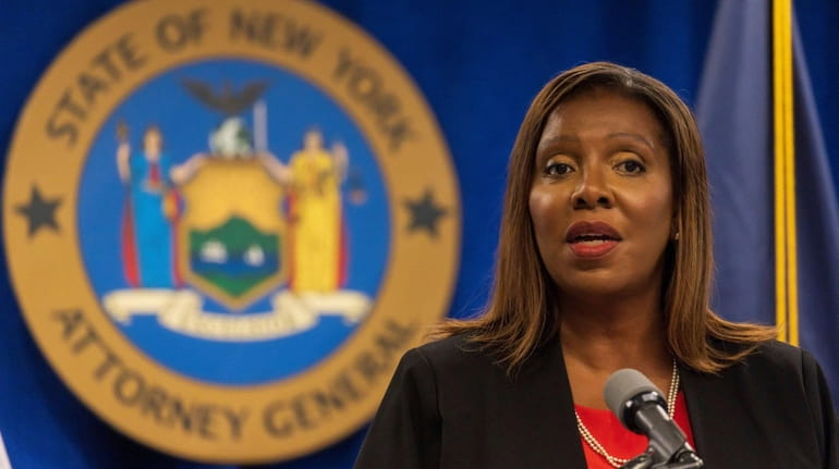 State Attorney General Letitia James speaks during a news conference...