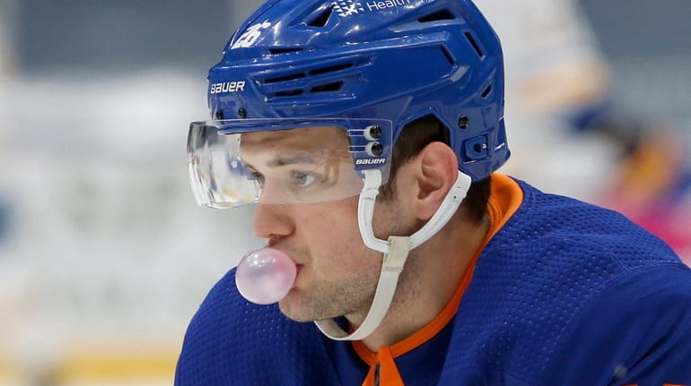 Oliver Wahlstrom of the Islanders warms up before a game against the...