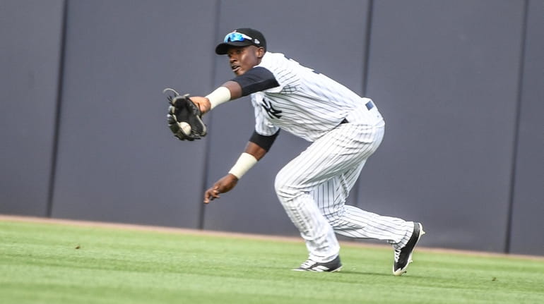 Yankees outfielder Estevan Florial makes a catch in centerfield during...