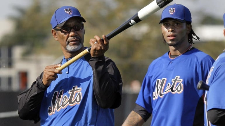 New York Mets shortstop Jose Reyes, right, gets together with...