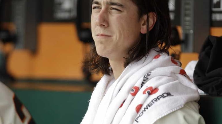 San Francisco Giants starting pitcher Tim Lincecum rests in the...