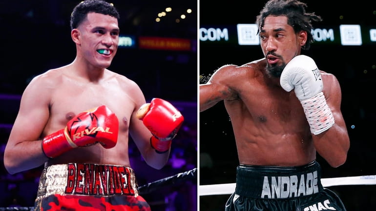 This combination of photos shows David Benavidez, left, during the...