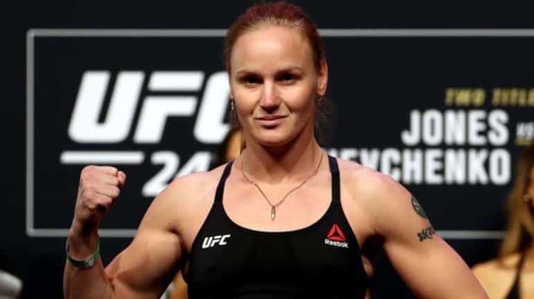 Valentina Shevchenko poses on the scale during the UFC 247...