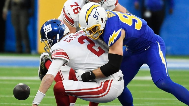 Joey Bosa of the Chargers sacks Mike Glennon of the...