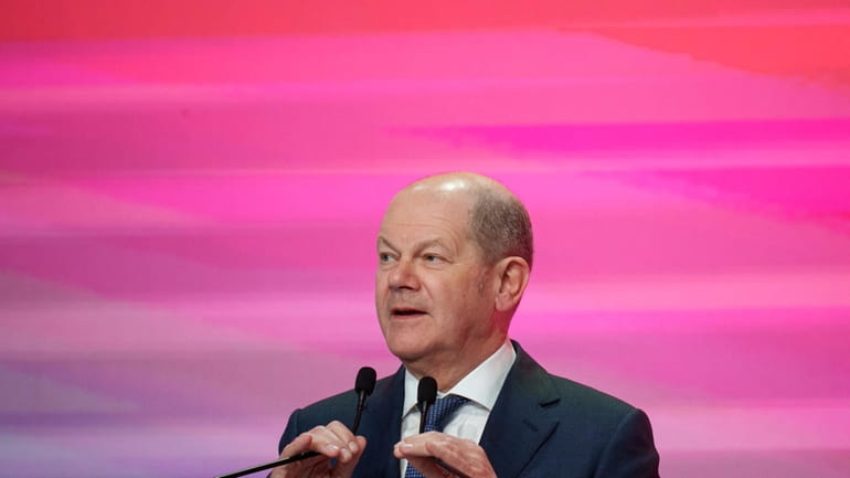 German Chancellor Olaf Scholz speaks during the Party of European...