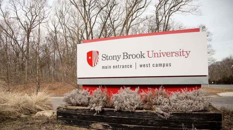 A sign for Stony Brook University is pictured on March...