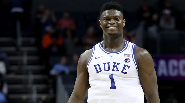 Zion Williamson of the Duke Blue Devils reacts against the...