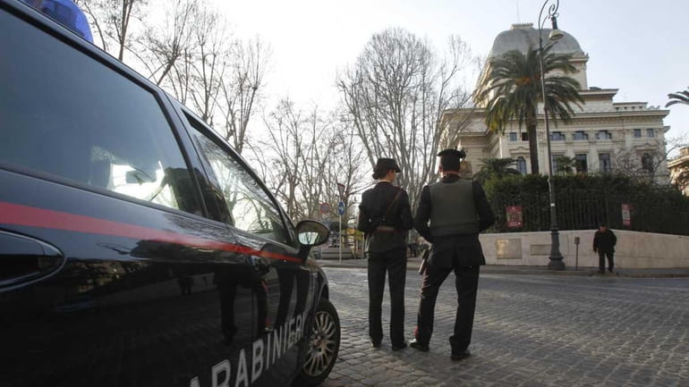 Carabinieri officers patrol outside Rome's Synagogue. Security was tightened after...