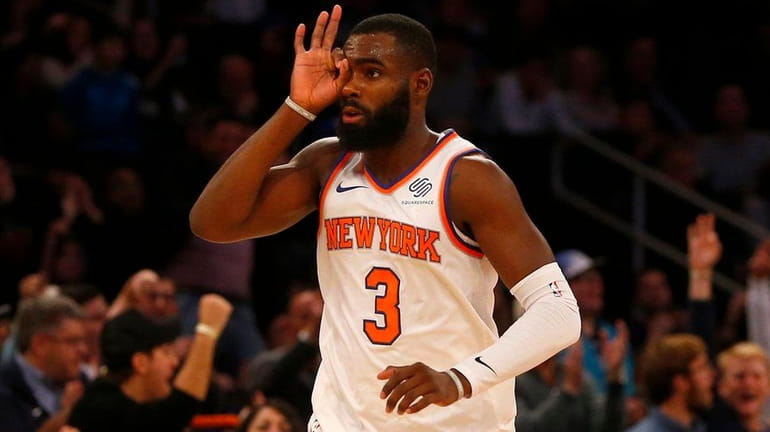 Tim Hardaway Jr. of the Knicks reacts after a three-point...