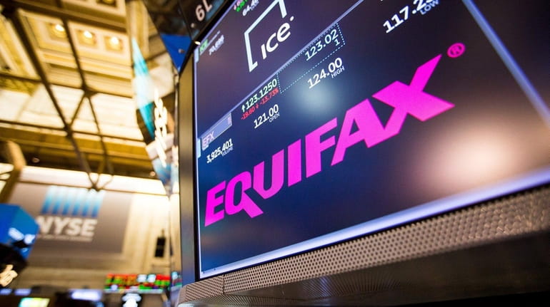 The Equifax Inc. logo on a monitor at the New...