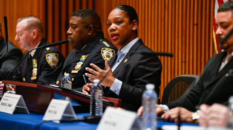 NYPD Commissioner Keechant L. Sewell is joined by top NYPD...
