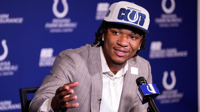 Indianapolis Colts first-round draft Anthony Richardson speaks during a press...