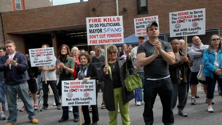 Yonkers firefighters rally against proposed budget cuts at Engine 303...
