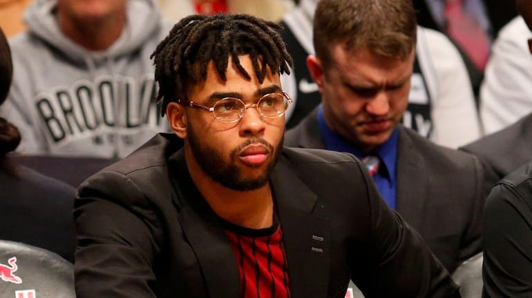 D'Angelo Russell #1 of the Brooklyn Nets looks on against...