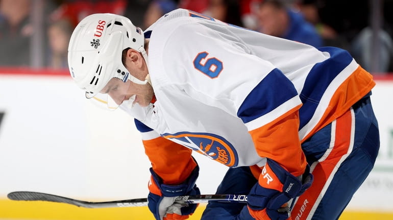 Ryan Pulock of the Islanders reacts in the second period...