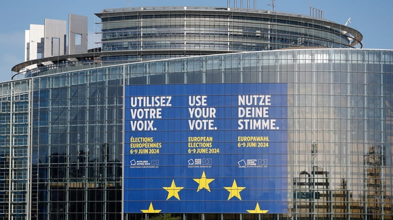 A giant canvas promoting the European elections is seen on...