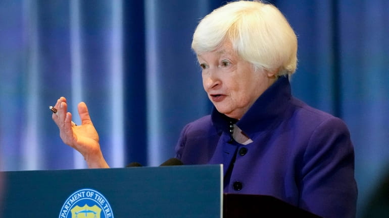 Treasury Secretary Janet Yellen speaks during a press conference after...