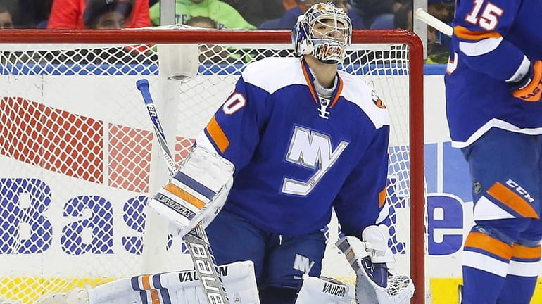 Michal Neuvirth of the New York Islanders looks on in...